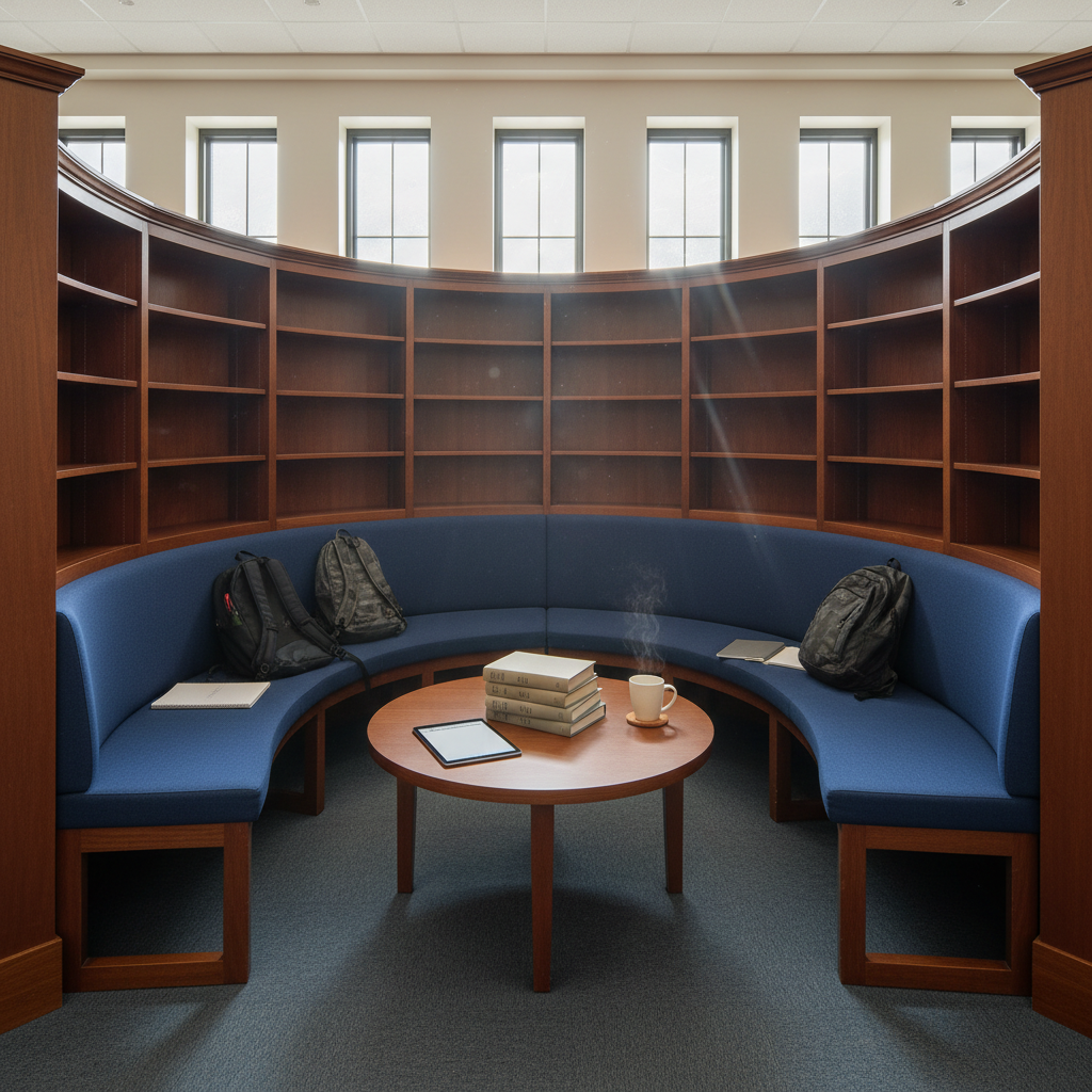 A quiet reading nook in a NW Illinois high school library, with tall wooden bookshelves curving gently around a low, circular seating area filled with deep blue upholstered benches. On a small central table, a tidy stack of hardcover books with simple, text-free academic covers and a tablet displaying a blank note-taking app rest beside a ceramic mug on a cork coaster. Soft morning light filters through a row of narrow windows, illuminating dust motes in the air and creating delicate highlights on book spines. Photographic realism at eye level with a balanced, symmetrical composition conveys calm, focus, and an inviting space for serious college-bound study.