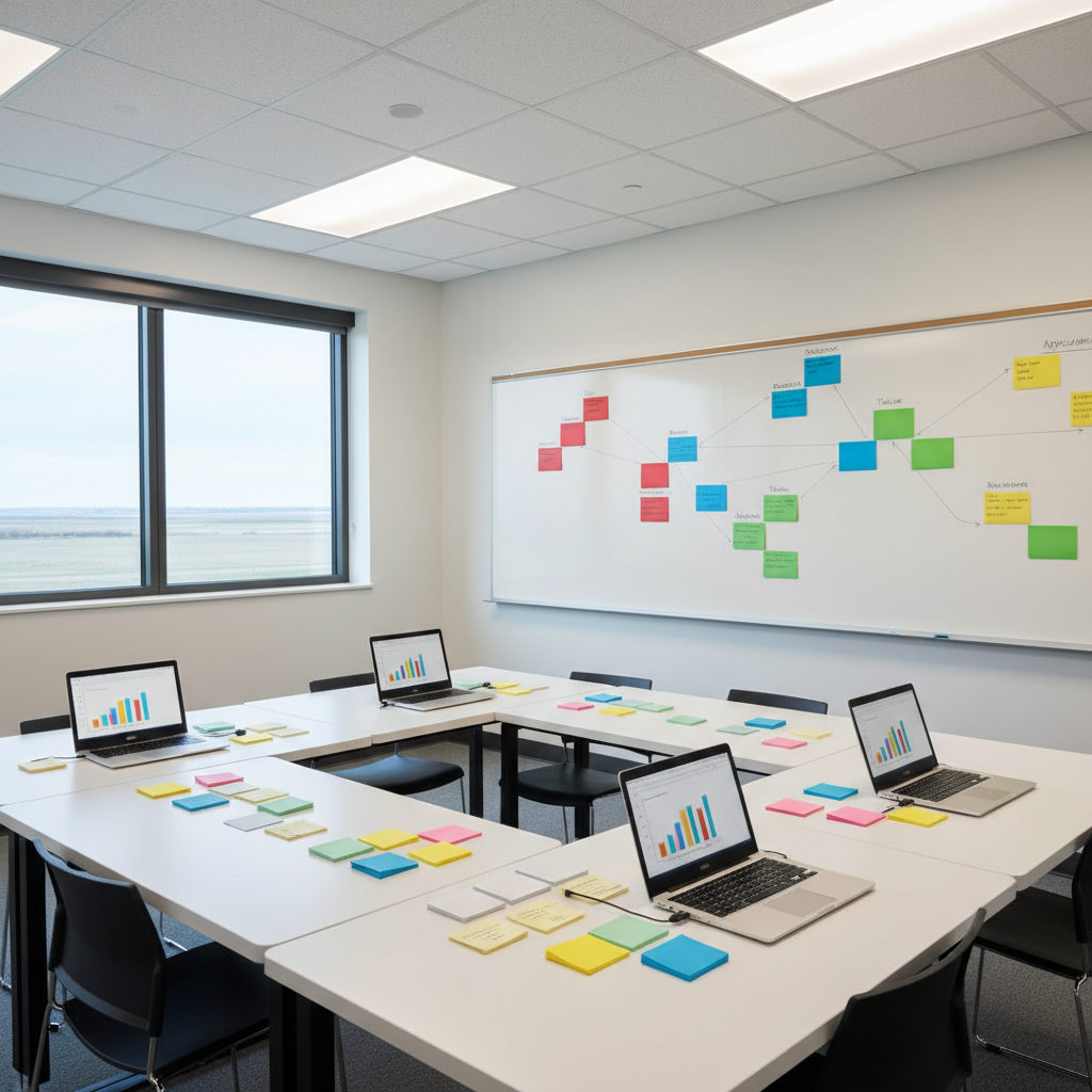 A clean, modern classroom designed for collaborative college-prep projects, featuring four rectangular tables pushed together into a square, each surface covered with neatly arranged index cards without text, colored sticky notes, and open laptops displaying simple charts. On the far wall, a large whiteboard holds organized clusters of color blocks suggesting planning and goal-setting. Overhead, recessed lighting provides even, shadow-free illumination, while a single high window lets in cool daylight hinting at a flat Midwestern horizon. Photographic realism, shot from a slightly elevated corner angle, emphasizes structure and clarity, evoking a purposeful, organized, and calm atmosphere ideal for strategic college planning.