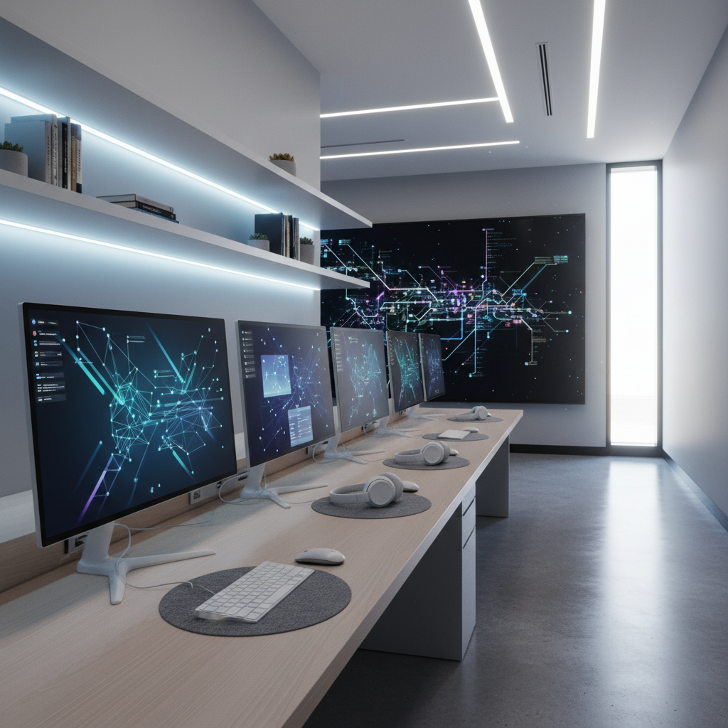 A sleek digital campus hub setup on a long, minimalist workstation, featuring multiple slim monitors displaying abstract dashboards and timelines without readable text, paired with wireless keyboards and headphones resting neatly on soft felt mats. A large wall-mounted display at the end of the room shows a stylized map with colored nodes hinting at a connected learning network. Cool, indirect LED strip lighting runs beneath shelving, blending with soft natural light from a high side window, giving the space a quiet, tech-forward glow. Photographic realism, captured from a wide-angle perspective with strong leading lines, conveys organized, personalized digital learning that supports college preparation.