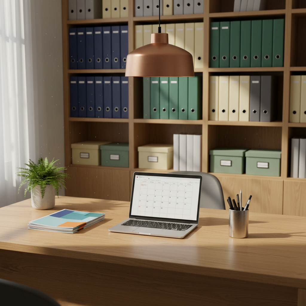 A carefully organized college-planning desk in a quiet counseling office, featuring a smooth oak surface with a central open laptop displaying a blank calendar, surrounded by neatly arranged brochures with abstract color blocks instead of text, a metal pen cup, and a small potted fern. Behind the desk, built-in shelves hold color-coordinated binders and labeled-free storage boxes. Soft, warm pendant lighting from above mixes with indirect daylight from a side window, creating a serene, reassuring glow. Photographic realism, shot from a slightly elevated angle with balanced composition, evokes professionalism, clarity, and personalized guidance for students navigating the path to college.