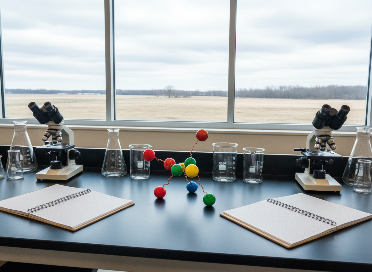 A modern science lab workstation designed for hands-on learning, with a sturdy black lab table holding glass beakers, microscopes, and neatly labeled-free notebooks open to blank graph paper. A handmade cardboard-and-wire model of a molecule sits prominently in the center, showing vibrant colored spheres and carefully twisted connectors that suggest student-created work. Large windows along one wall overlook a flat NW Illinois landscape with distant trees under a cloudy sky, filling the room with even, diffused light. Photographic realism captured at eye level with a slight diagonal composition emphasizes depth, while the mood remains calm, analytical, and quietly energetic, conveying rigorous experiential learning.