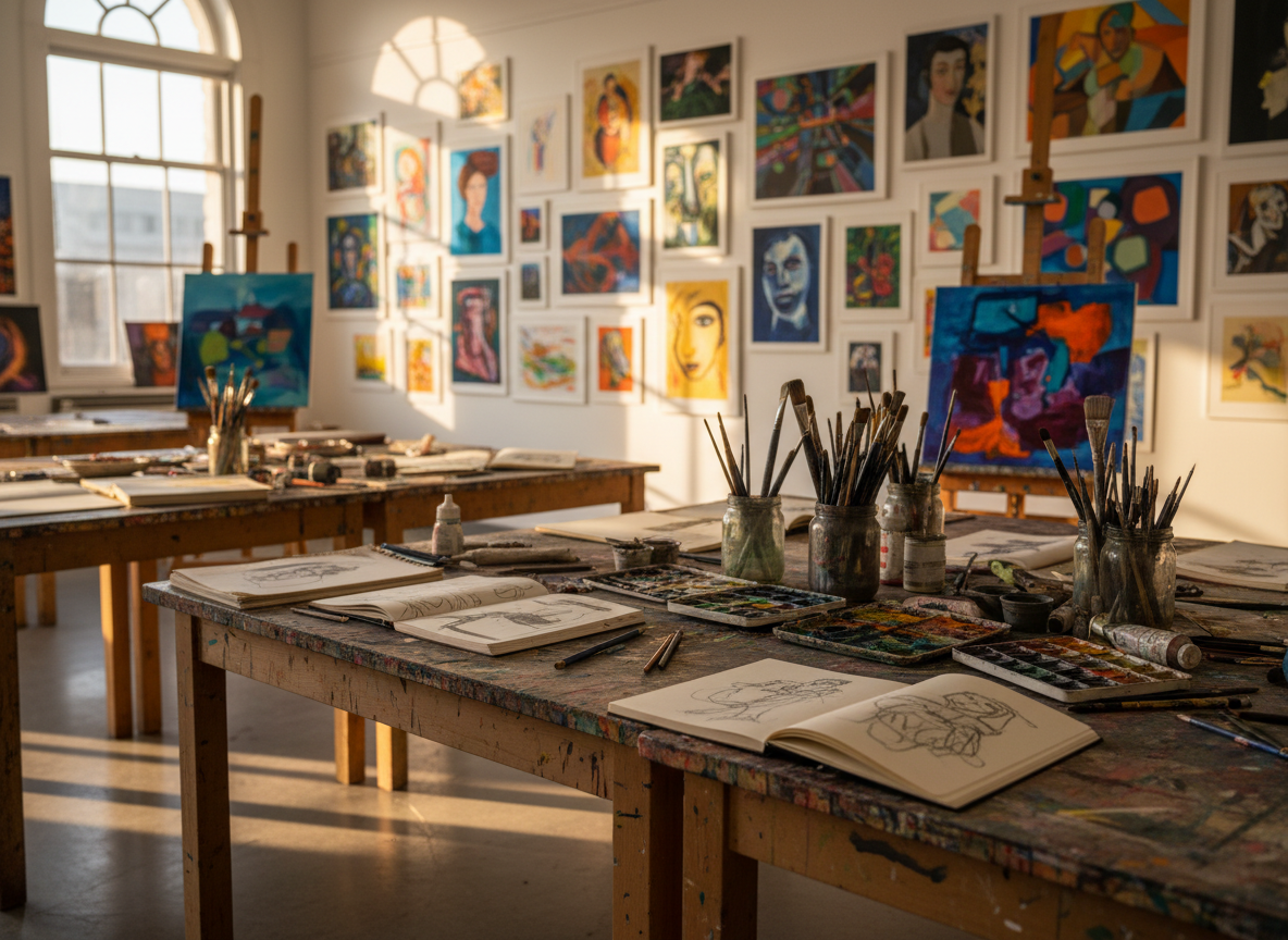 A dedicated Friday Art Studio corner of the campus, with wide, paint-splattered wooden tables covered in sketchbooks, charcoal sticks, watercolor palettes, and half-finished abstract canvases propped on simple easels. The white walls behind display a salon-style arrangement of framed student artwork—colorful, varied, and text-free—suggesting creativity and individuality within a structured space. Late afternoon golden light pours in from tall windows, creating warm highlights on brushes resting in glass jars and gentle shadows across the floor. Photographic realism, shot from a slightly low angle with a shallow depth of field, focuses on the textures of paper and paint, evoking a calm, reflective, yet inspiring atmosphere.